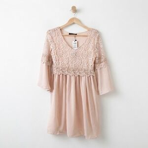 Zanzea NWT Beige Blush‎ Lace Boho Dress Flowy Bell Sleeve Romantic Small Fairy